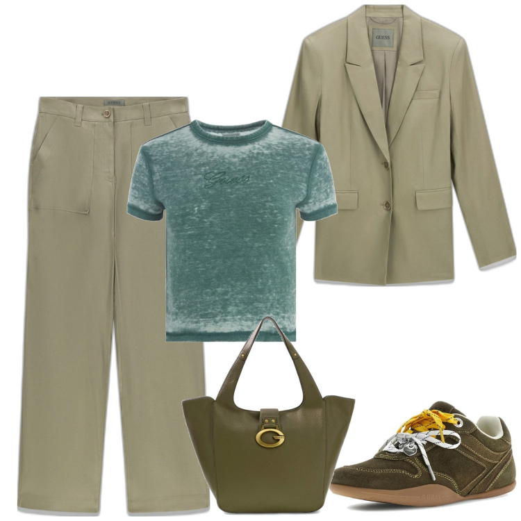 Outfit mujer - Casual #8138. Estilo Casual para Todos los días. Combinación con sneakers, pantalones, blazers, bolso tote, camiseta.