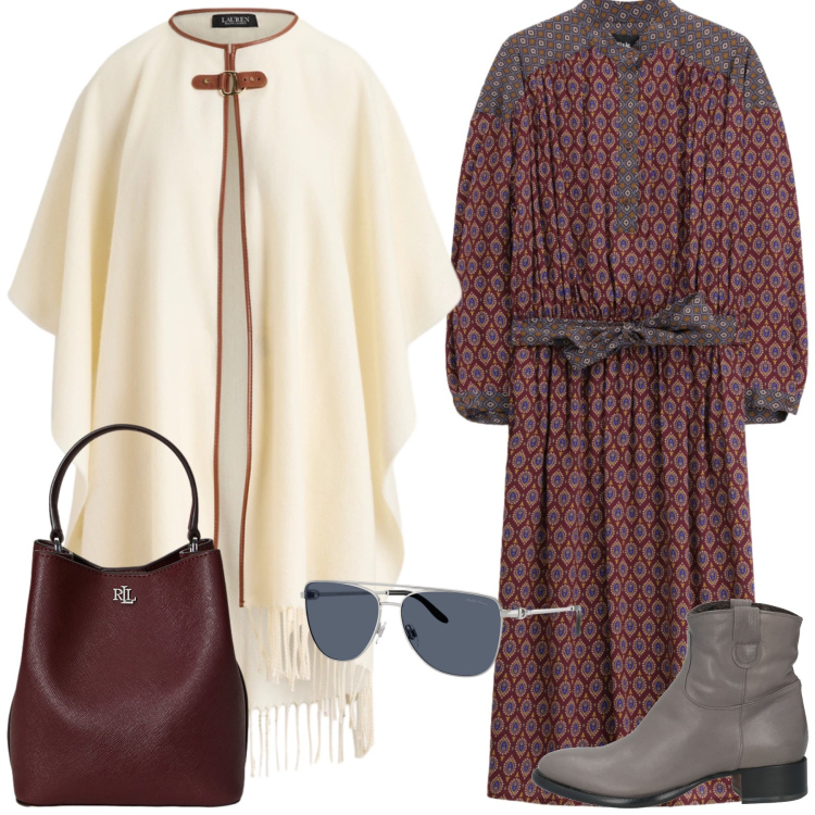 Outfit donna - Un po’ country. Stile Vintage retrò per Tutti i giorni. Abbinamento con stivaletti, vestiti midi/longuette, borse a secchiello, occhiali da sole, cappe.