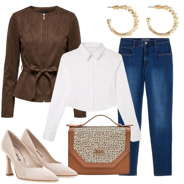 Outfit donna - Lunghe giornate. Stile Casual chic per Tutti i giorni. Abbinamento con jeans mom, orecchini, camicie, pochette, blazer, décolleté.