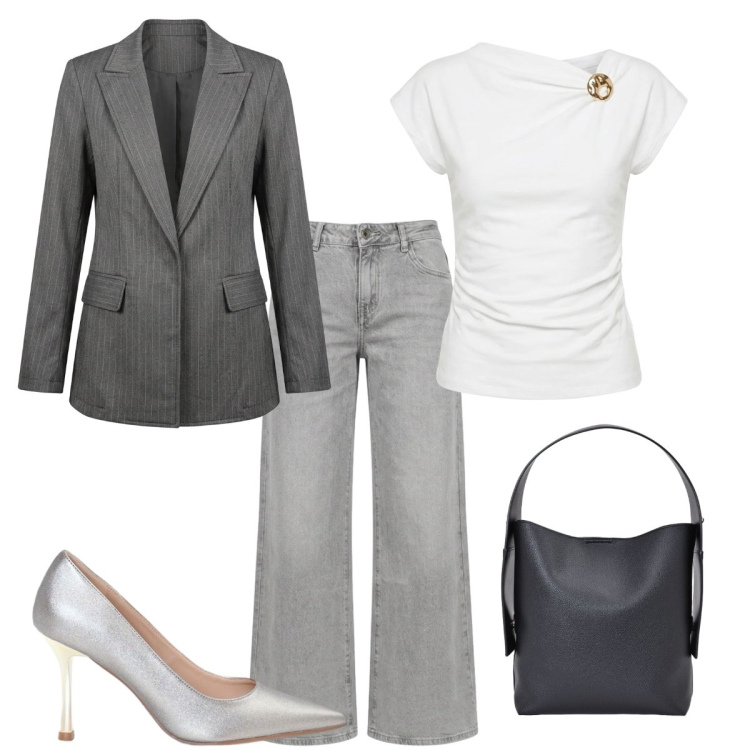 Outfit donna - Grigio per settembre. Stile Chic per Tutti i giorni. Abbinamento con borse a spalla, décolleté, t-shirt, blazer, jeans a zampa.