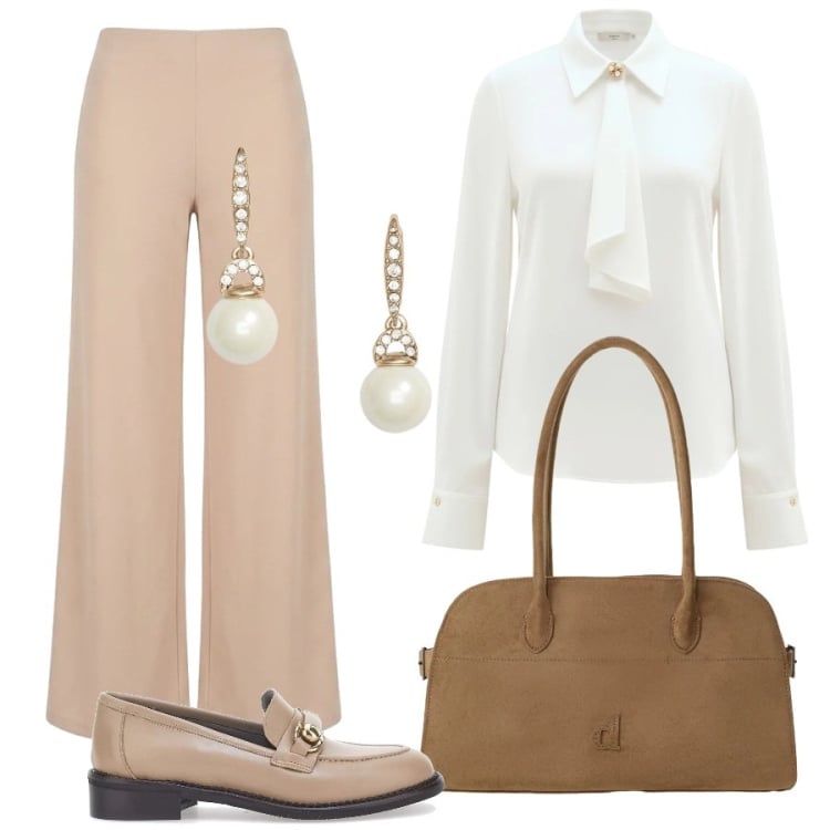 Outfit donna - Raffinata senza eccessi. Stile Chic per Ufficio. Abbinamento con borse a spalla, camicie, pantaloni a palazzo, orecchini, mocassini.