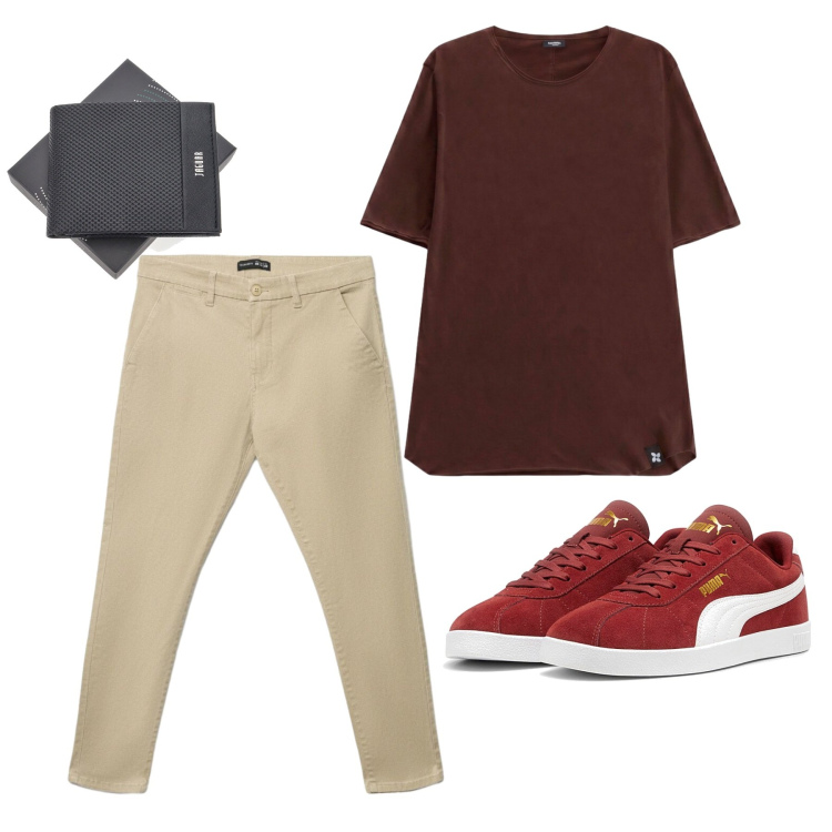 Outfit uomo - Total look #2465641. Stile Casual per Tutti i giorni. Abbinamento con t-shirt, pantaloni chino, sneakers, portafogli.