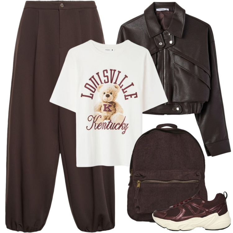 Outfit donna - Pantaloni marrone e giubbino di pelle. Stile Urban per Tutti i giorni. Abbinamento con pantaloni, bomber, t-shirt, sneakers, zaini.