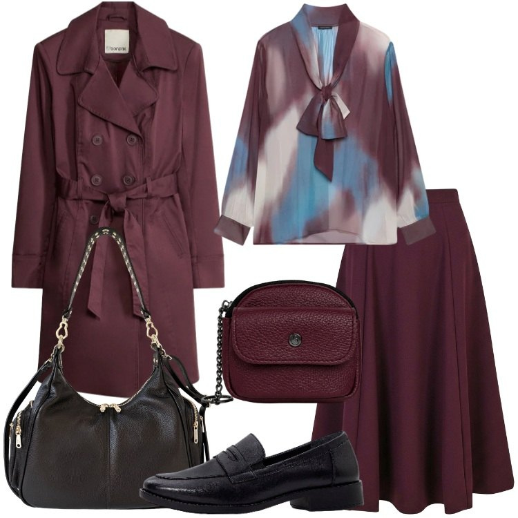 Outfit donna - Eleganza per il rientro. Stile Casual chic per Tutti i giorni. Abbinamento con mocassini, trench, gonne lunghe, bluse, borse a spalla, portachiavi.