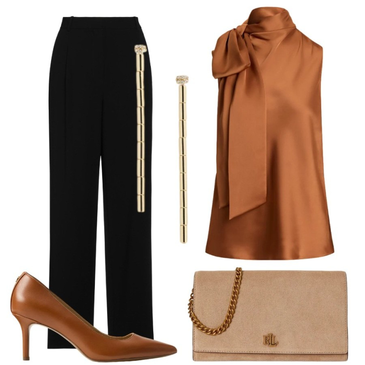 Outfit donna - Una serata speciale. Stile Etnico per Serata fuori. Abbinamento con pantaloni, décolleté, bluse, borse a tracolla, orecchini.