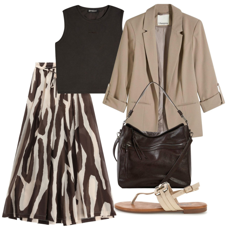 Outfit donna - Settembre. Stile Bon Ton per Ufficio. Abbinamento con shopping bag, blazer, top, pantaloni a palazzo, sandali.