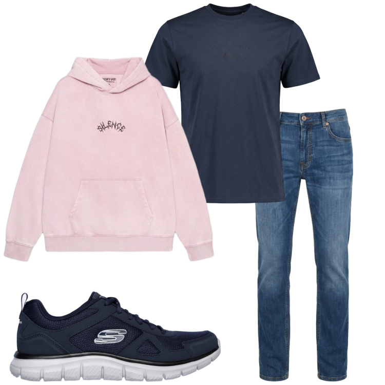Outfit uomo - Settembre. Stile Casual per Tutti i giorni. Abbinamento con t-shirt, jeans, felpe con cappuccio, sneakers.