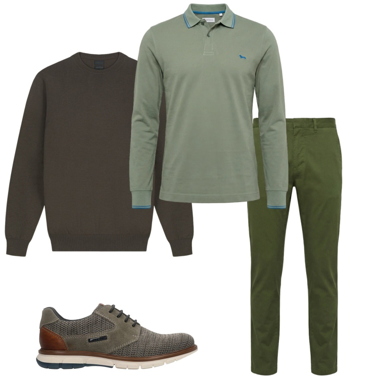 Outfit uomo - Look autunnale. Stile Casual per Ufficio. Abbinamento con polo, pantaloni, maglieria, sneakers.