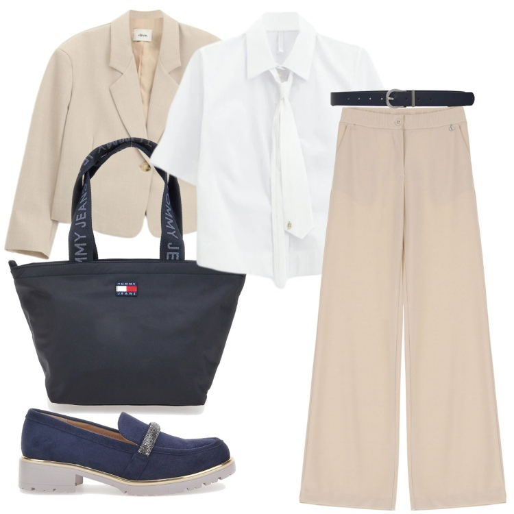 Outfit donna - Total look #2465681. Stile Casual chic per Ufficio. Abbinamento con camicie a manica corta, blazer, pantaloni, cinture, mocassini, borse tote.