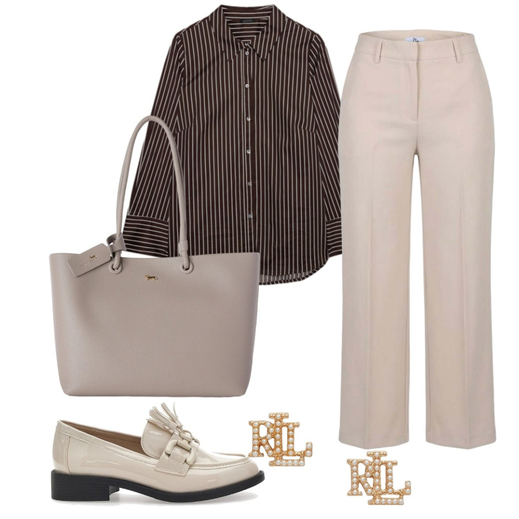 Outfit donna - Back to office chic. Stile Chic per Ufficio. Abbinamento con shopping bag, pantaloni a palazzo, camicie, orecchini, mocassini.