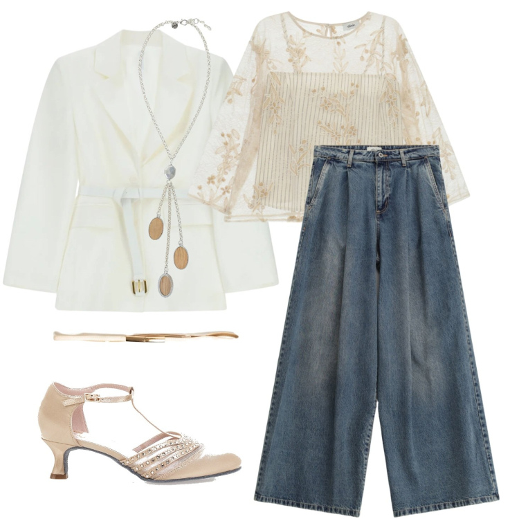 Outfit donna - Denim e colori neutri. Stile Romantica per Serata fuori. Abbinamento con blazer, jeans, top, collane, cinture, décolleté.