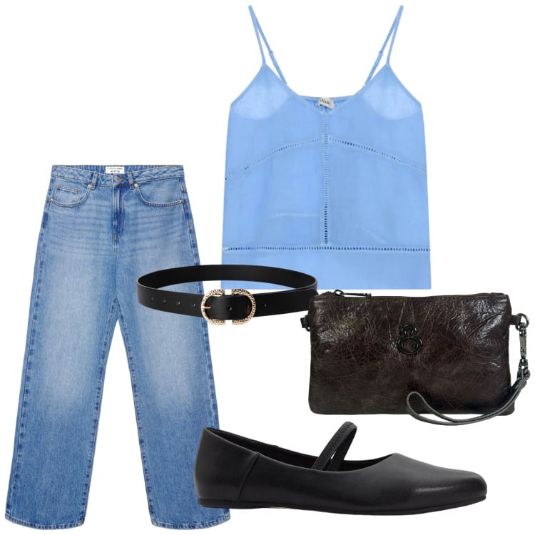 Outfit donna - Total look #2465687. Stile Basic per Serata fuori. Abbinamento con ballerine, top, jeans dritti, cinture, pochette.