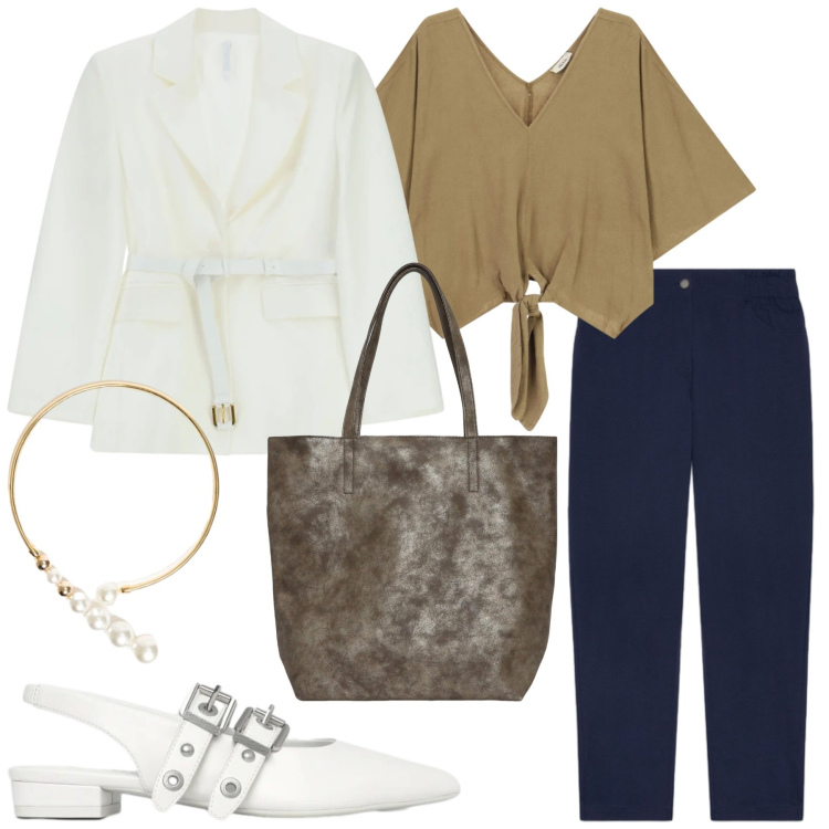 Outfit donna - Total look #2465689. Stile Casual per Ufficio. Abbinamento con blazer, bluse, shopping bag, ballerine, pantaloni, collane.
