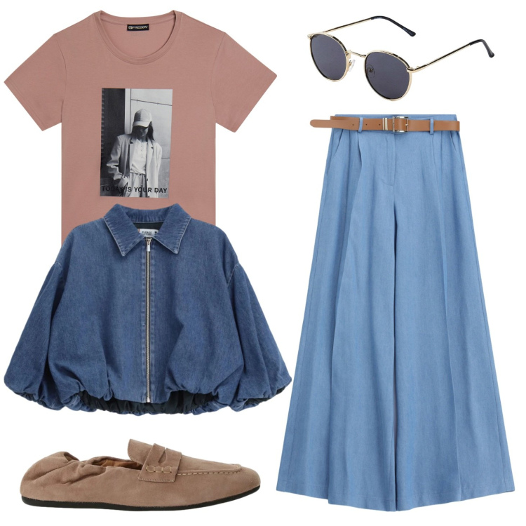 Outfit donna - Denim e colori neutri. Stile Urban per Tutti i giorni. Abbinamento con occhiali da sole, jeans, mocassini, blazer, t-shirt.
