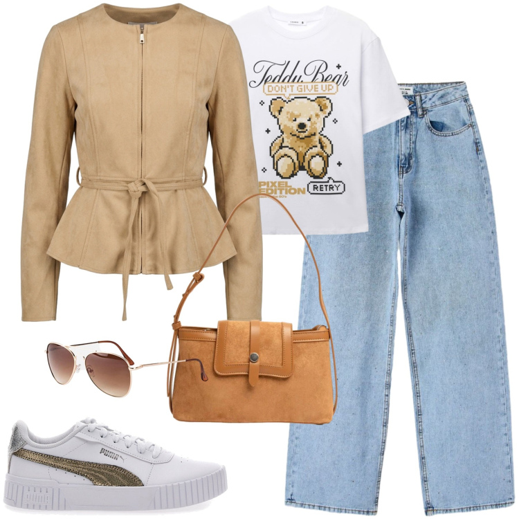 Outfit donna - Settembre. Stile Casual chic per Tutti i giorni. Abbinamento con occhiali da sole, jeans, t-shirt, borse a tracolla, blazer, sneakers.