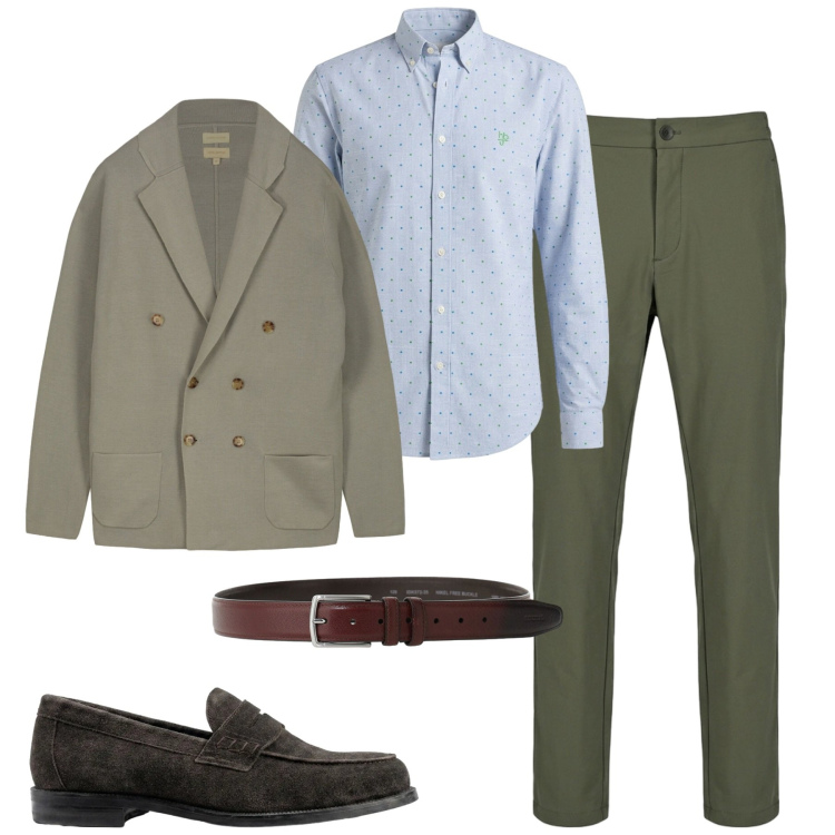 Outfit uomo - In ufficio. Stile Urban per Ufficio. Abbinamento con camicie, cinture, cardigans, scarpe stringate, pantaloni.