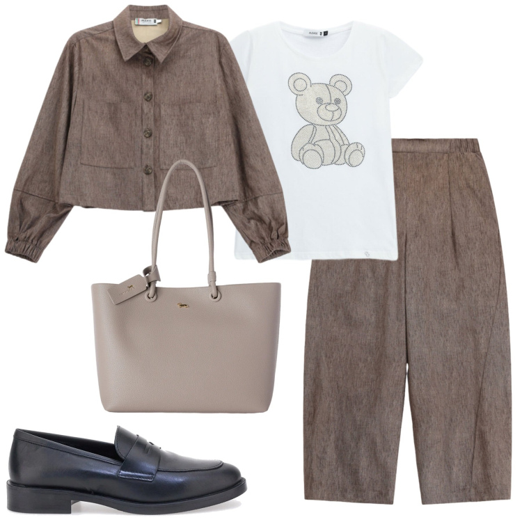 Outfit donna - Settembre. Stile Casual chic per Tutti i giorni. Abbinamento con shopping bag, t-shirt, cappotti, pantaloni a palazzo, mocassini.