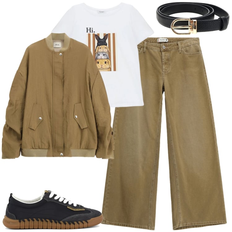 Outfit donna - City. Stile Casual chic per Tutti i giorni. Abbinamento con bomber, pantaloni a palazzo, t-shirt, sneakers, cinture.