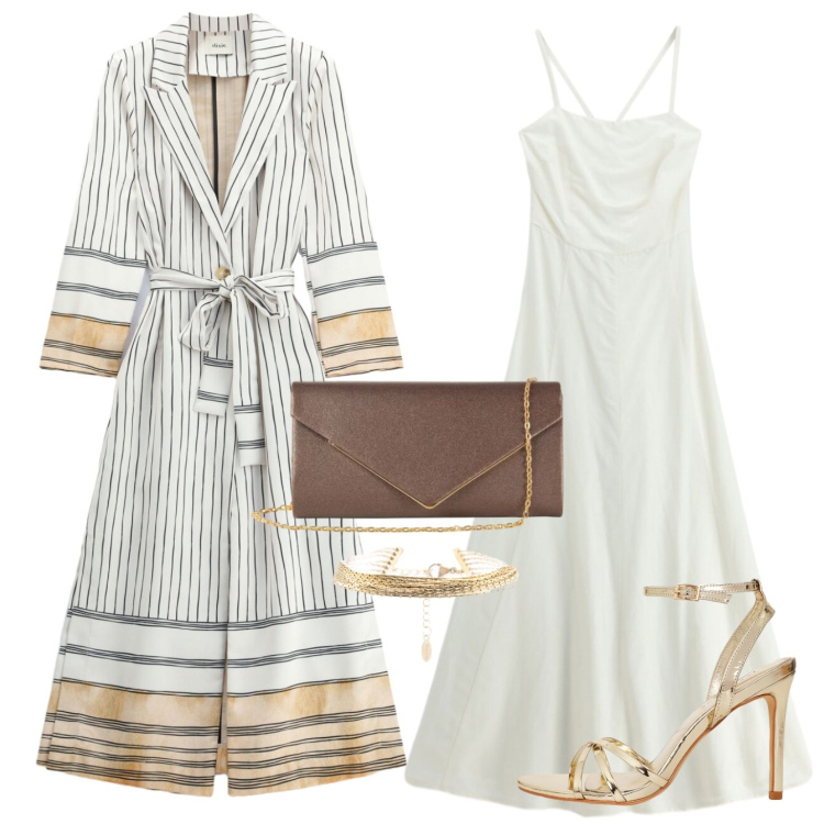 Outfit donna - Oro e avorio. Stile Glamour per Serata fuori. Abbinamento con vestiti lunghi, trench, sandali col tacco, clutch, braccialetti.