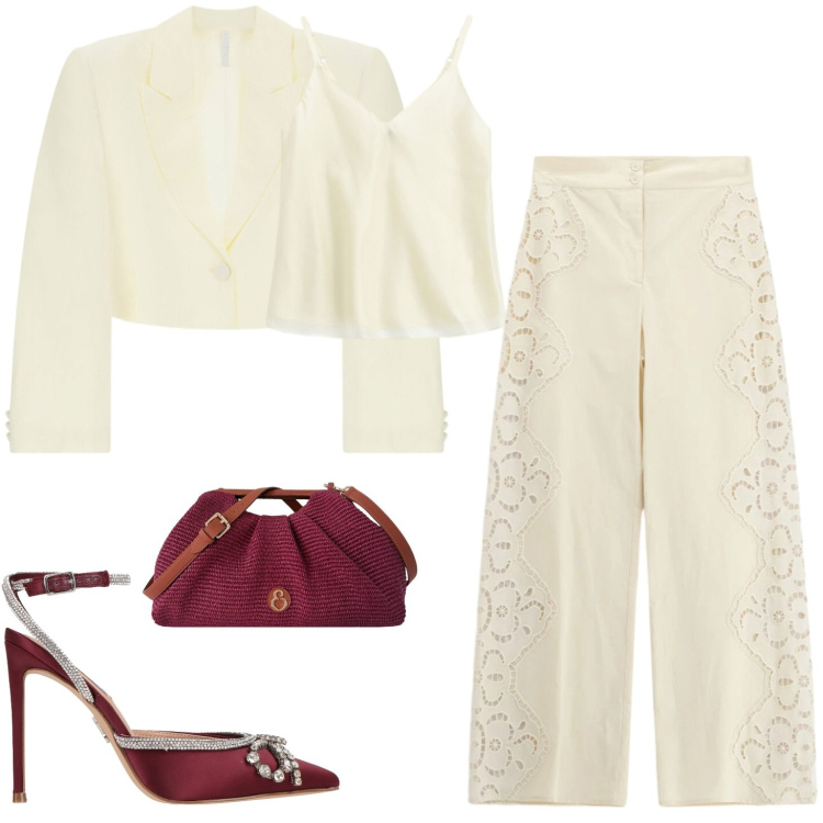 Outfit donna - Porpora e avorio. Stile Boho per Serata fuori. Abbinamento con décolleté, blazer, pantaloni a palazzo, top, clutch.
