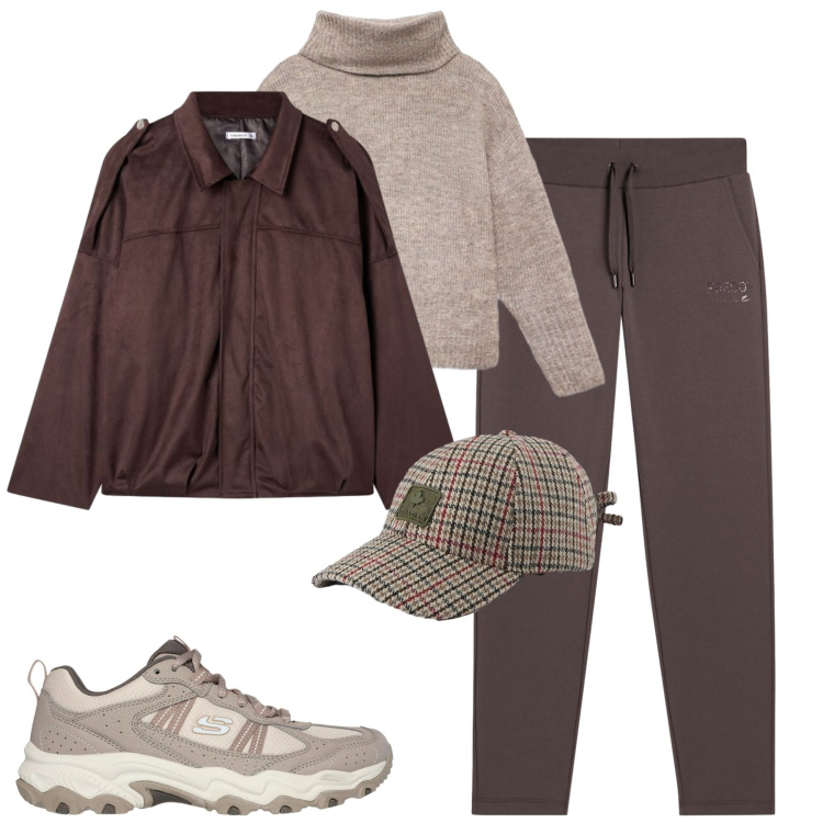 Outfit donna - Fall. Stile Casual per Tutti i giorni. Abbinamento con pullovers, cappotti, pantaloni, cappelli con visiera, sneakers.
