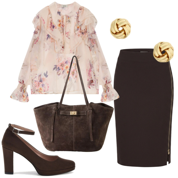 Outfit donna - Total look #2465714. Stile Chic per Serata fuori. Abbinamento con shopping bag, bluse, gonne longuette, orecchini, décolleté.