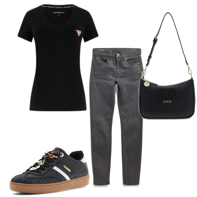 Outfit mujer - Basic look. Estilo Basic para Todos los días. Combinación con sneakers, bandoleras, camiseta, vaqueros pitillo.