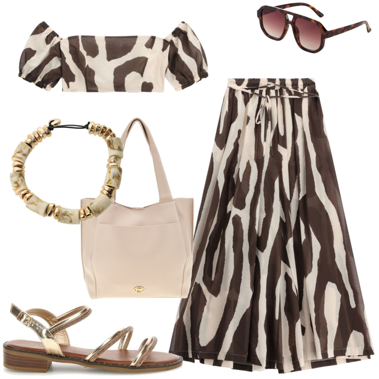 Outfit donna - Mare a settembre. Stile Casual chic per Mare. Abbinamento con occhiali da sole, pantaloni a palazzo, top, braccialetti, sandali col tacco, borse a spalla.