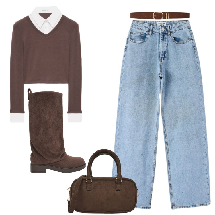 Outfit donna - In città. Stile Urban per Tutti i giorni. Abbinamento con stivali, top, jeans, borse a tracolla, cinture.