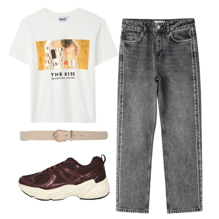 Outfit donna - The kiss. Stile Urban per Tutti i giorni. Abbinamento con t-shirt, sneakers, jeans mom, cinture.