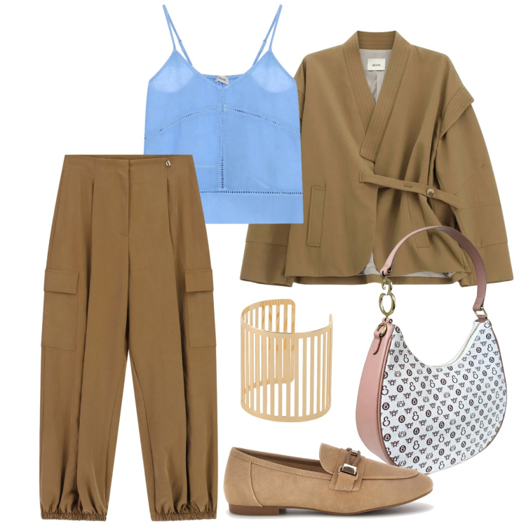 Outfit donna - Settembre. Stile Casual chic per Tutti i giorni. Abbinamento con blazer, pantaloni sportivi, top, braccialetti, borse a spalla, mocassini.