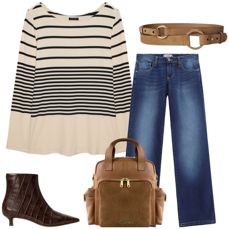 Outfit donna - Total look #2465724. Stile Casual chic per Tutti i giorni. Abbinamento con jeans dritti, t-shirt, zaini, cinture, stivaletti.