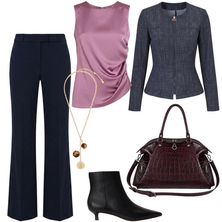Outfit donna - Chic in ufficio. Stile Chic per Ufficio. Abbinamento con blazer, pantaloni, canottiere, shopping bag, stivaletti, collane.