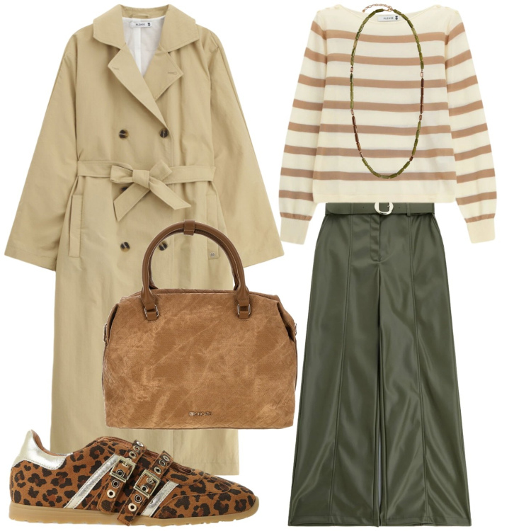 Outfit donna - Prime giornate fresche. Stile Urban per Tutti i giorni. Abbinamento con pantaloni, sneakers, maglieria, trench, collane, borse a tracolla.