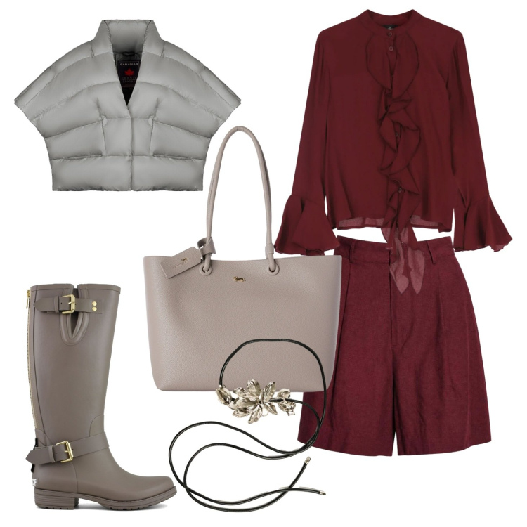 Outfit donna - Prime giornate fresche piovose. Stile Romantica per Tutti i giorni. Abbinamento con shopping bag, camicie, shorts, piumini, cinture, stivali.
