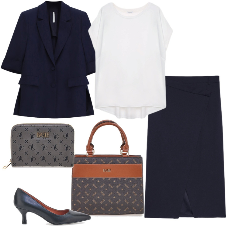 Outfit donna - Back to Office. Stile Casual chic per Ufficio. Abbinamento con blazer, bluse, gonne longuette, décolleté, portafogli, borse a mano.