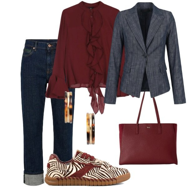 Outfit donna - Al lavoro. Stile Casual per Tutti i giorni. Abbinamento con jeans dritti, shopping bag, camicie, blazer, orecchini, sneakers.