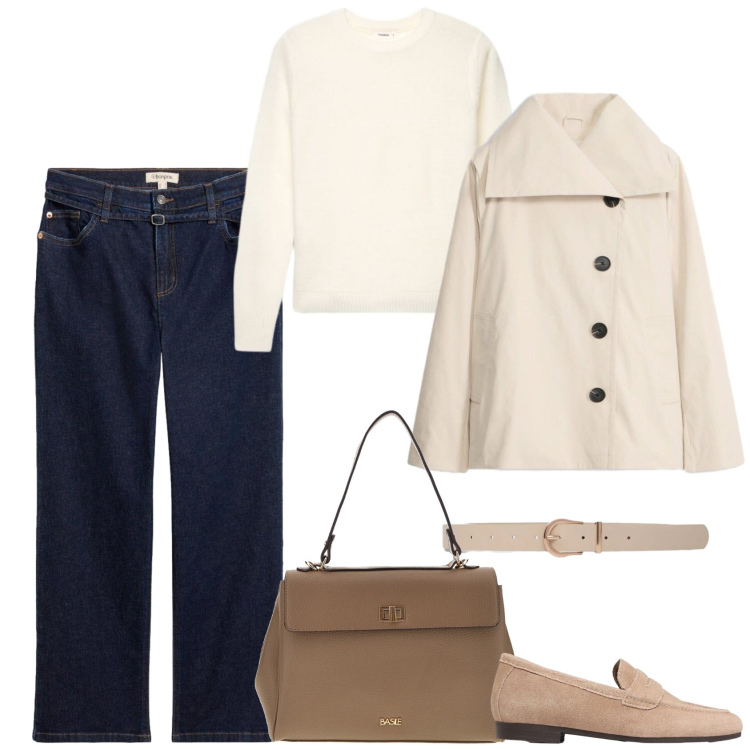 Outfit donna - Denim e colori neutri. Stile Urban per Tutti i giorni. Abbinamento con trench, jeans dritti, mocassini, cinture, maglieria, borse a tracolla.