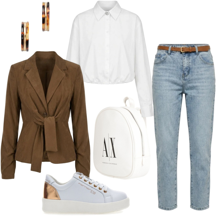 Outfit donna - Total look #2465744. Stile Casual per Scuola/Università. Abbinamento con zaini, blazer, camicie, jeans mom, orecchini, sneakers.