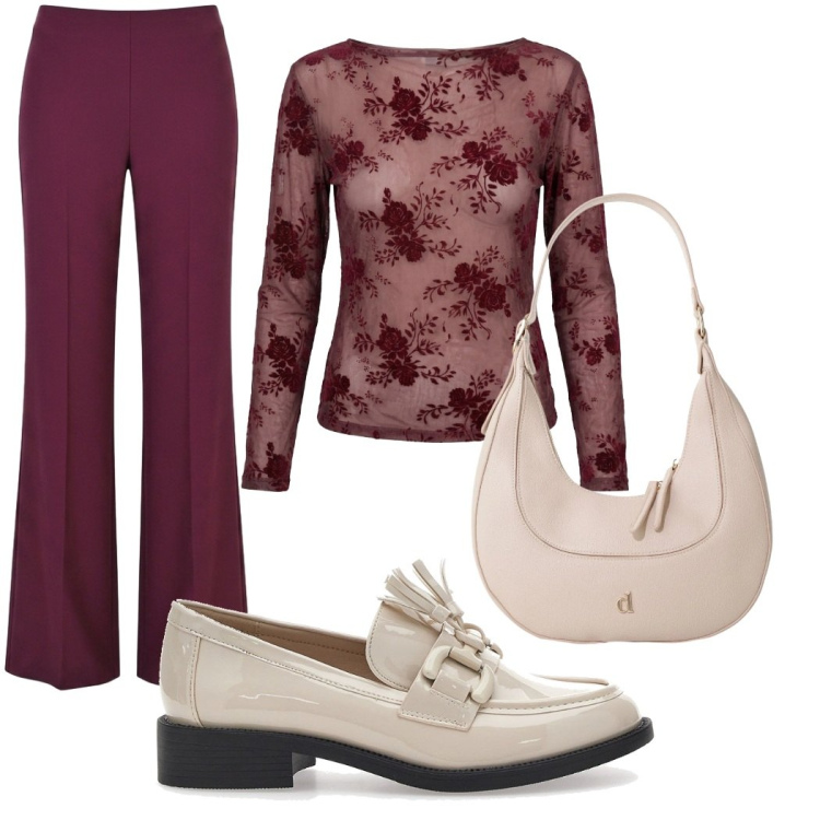 Outfit donna - Rientro in ufficio. Stile Casual chic per Ufficio. Abbinamento con pantaloni a palazzo, borse a tracolla, t-shirt, mocassini.