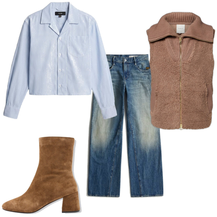 Outfit femme - Tendance. Style Tendance pour Bureau. Assortir avec chemisiers, jeans, blazers, bottes.