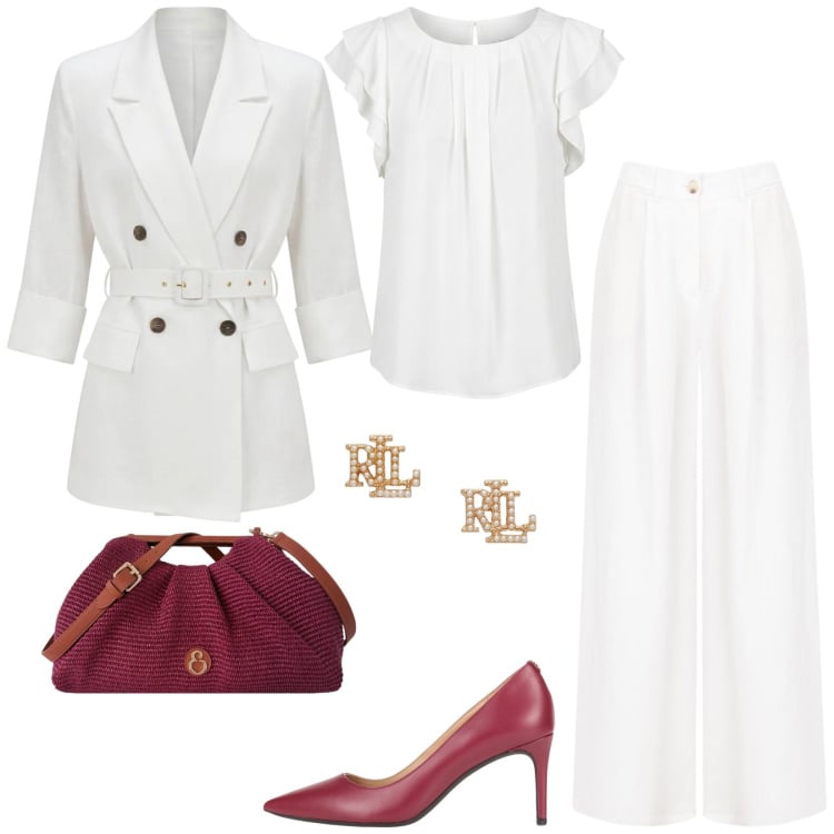 Outfit donna - Bianco neve. Stile Chic per Tutti i giorni. Abbinamento con décolleté, blazer, canottiere, pantaloni a palazzo, clutch, orecchini.
