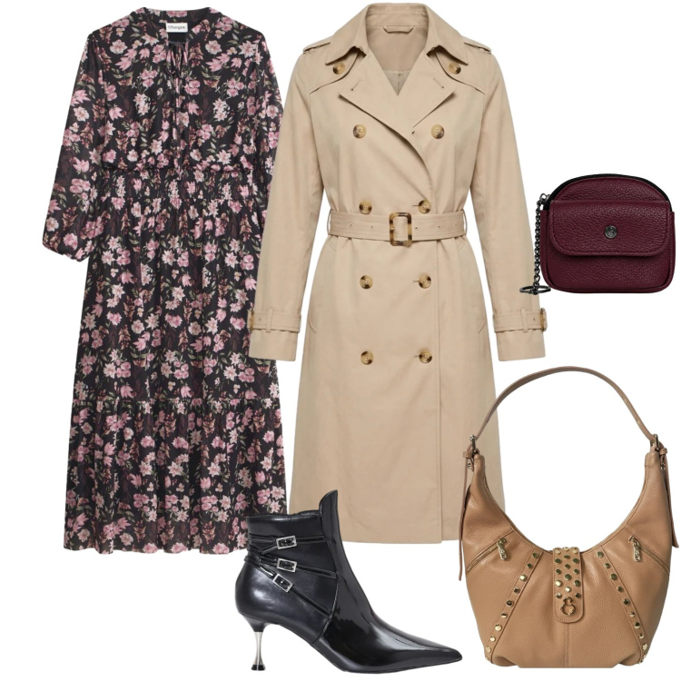 Outfit donna - Eleganza per il rientro - Focus Curvy. Stile Casual chic per Tutti i giorni. Abbinamento con vestiti midi/longuette, stivaletti, borse a spalla, portachiavi, trench.