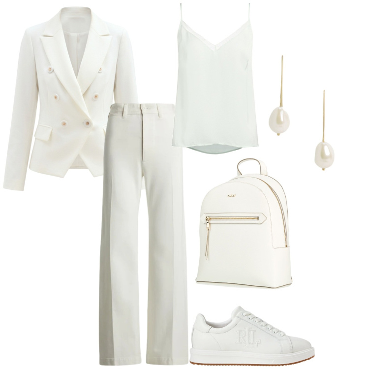 Outfit donna - Nuovi inizi. Stile Sporty chic per Tutti i giorni. Abbinamento con zaini, top, blazer, sneakers, pantaloni, orecchini.