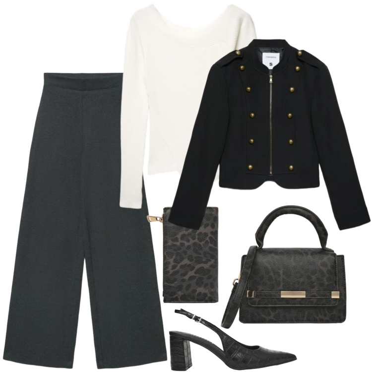 Outfit donna - Reality Is calling. Stile Urban per Ufficio. Abbinamento con blazer, pantaloni, maglieria, décolleté, portafogli, borse a tracolla.
