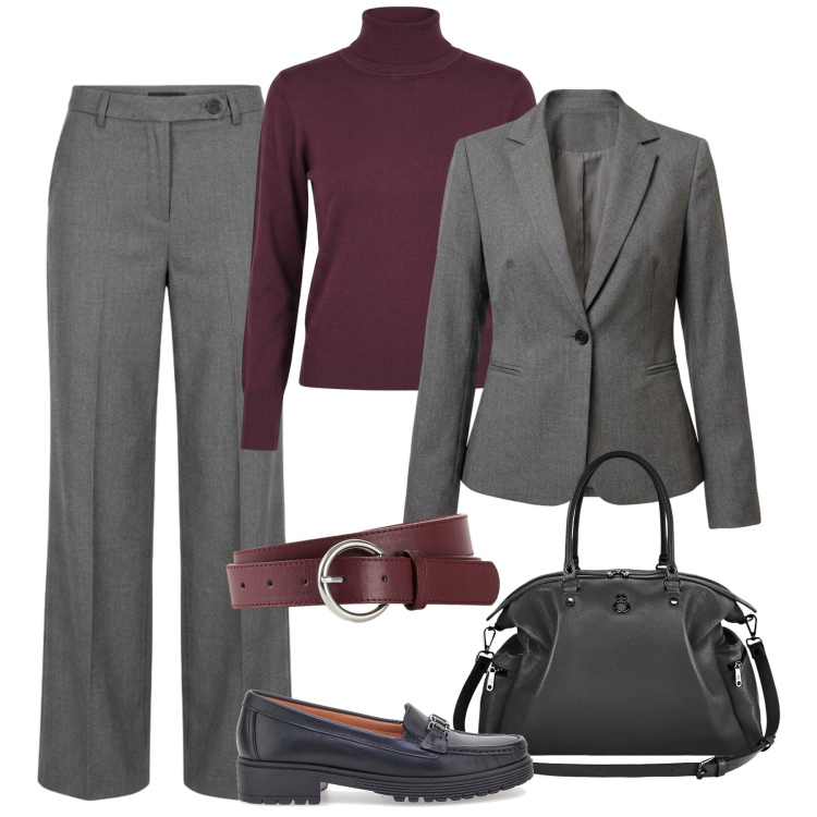 Outfit donna - Novità Classic Business. Stile Mannish per Ufficio. Abbinamento con cinture, pullovers, shopping bag, pantaloni a palazzo, blazer, mocassini.