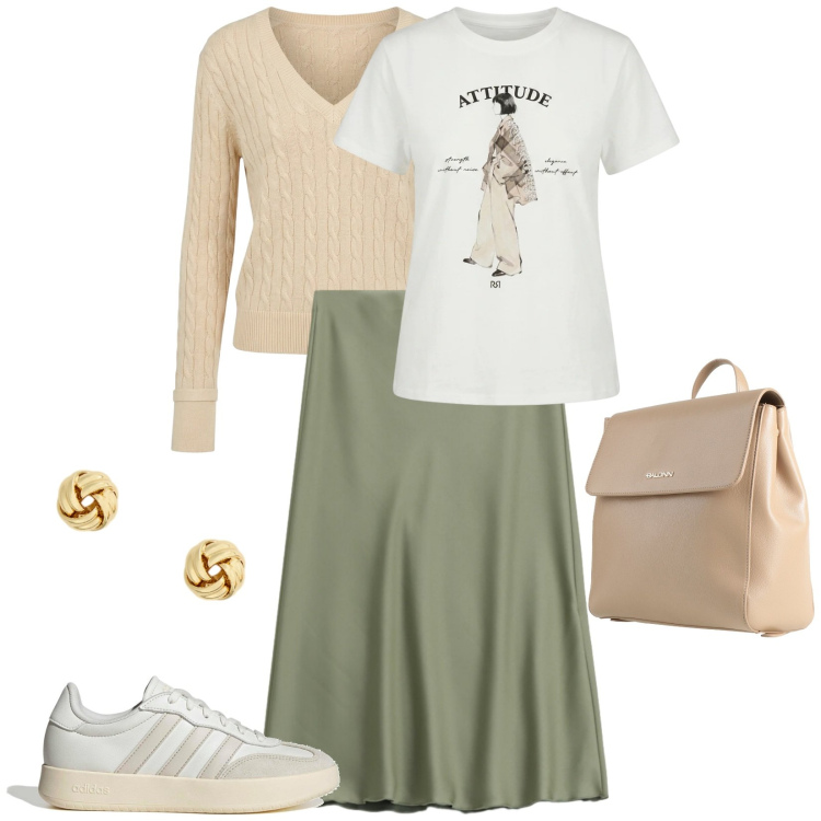 Outfit donna - How to style a satin maxi skirt casually. Stile Casual per Scuola/Università. Abbinamento con zaini, pullovers, gonne longuette, t-shirt, orecchini, sneakers.
