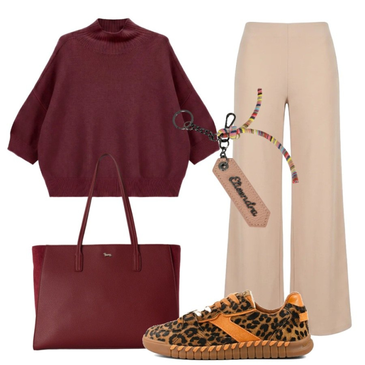 Outfit donna - Comodità. Stile Casual per Tutti i giorni. Abbinamento con shopping bag, maglieria, portachiavi, pantaloni a palazzo, sneakers.
