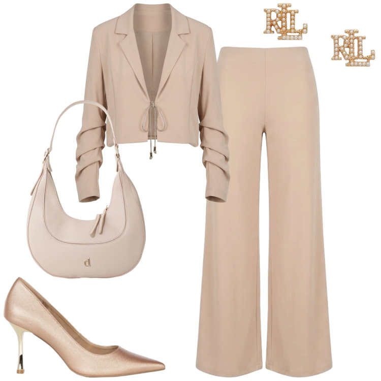Outfit donna - Minimal chic. Stile Minimal per Tutti i giorni. Abbinamento con borse a tracolla, décolleté, top, pantaloni a palazzo, orecchini.