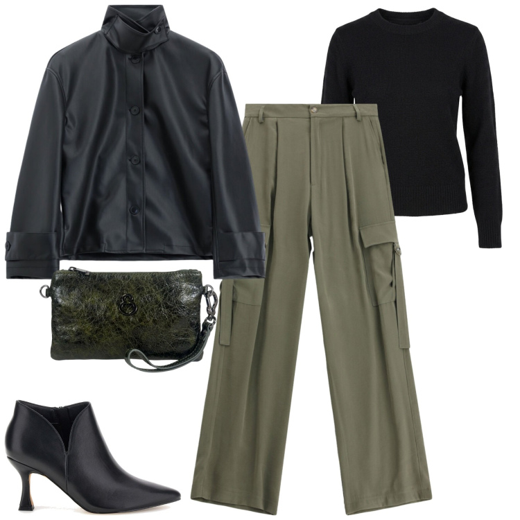 Outfit donna - City. Stile Casual chic per Tutti i giorni. Abbinamento con pantaloni cargo, blazer, pochette, maglieria, stivaletti.